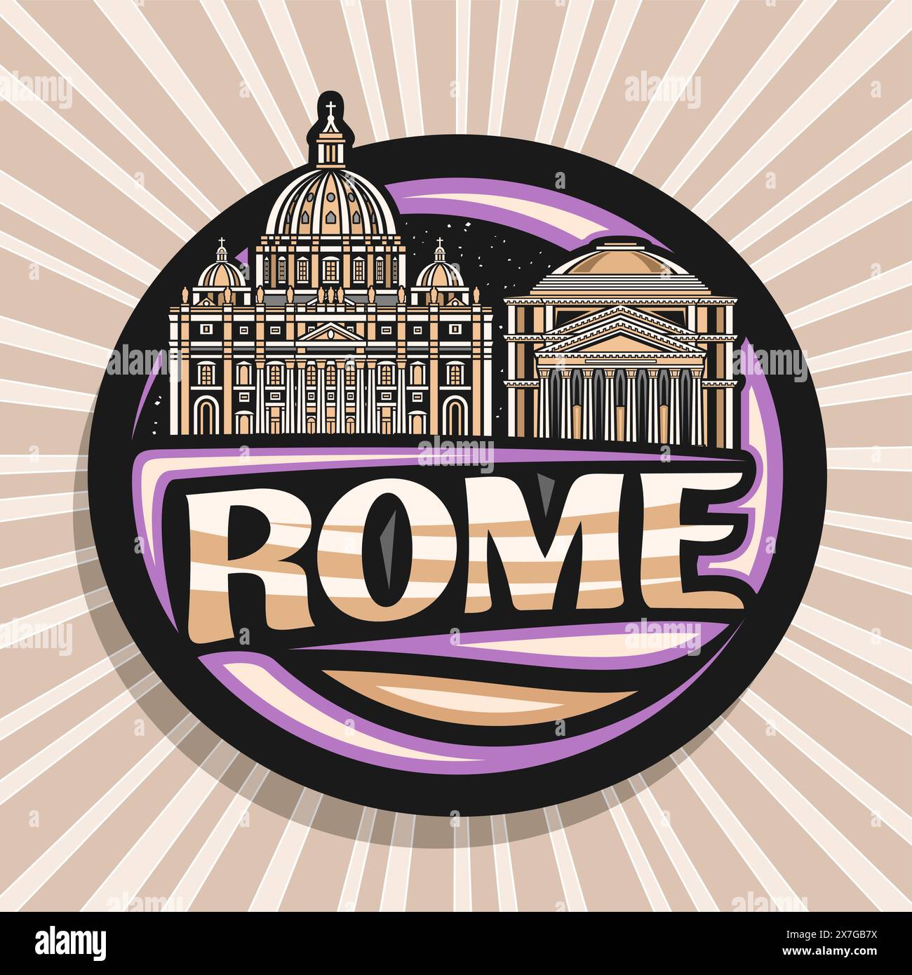Logo vectoriel pour Rome, étiquette décorative sombre avec illustration de contour du paysage urbain européen de rome sur fond de ciel nocturne, réfrigérateur de design d'art Illustration de Vecteur