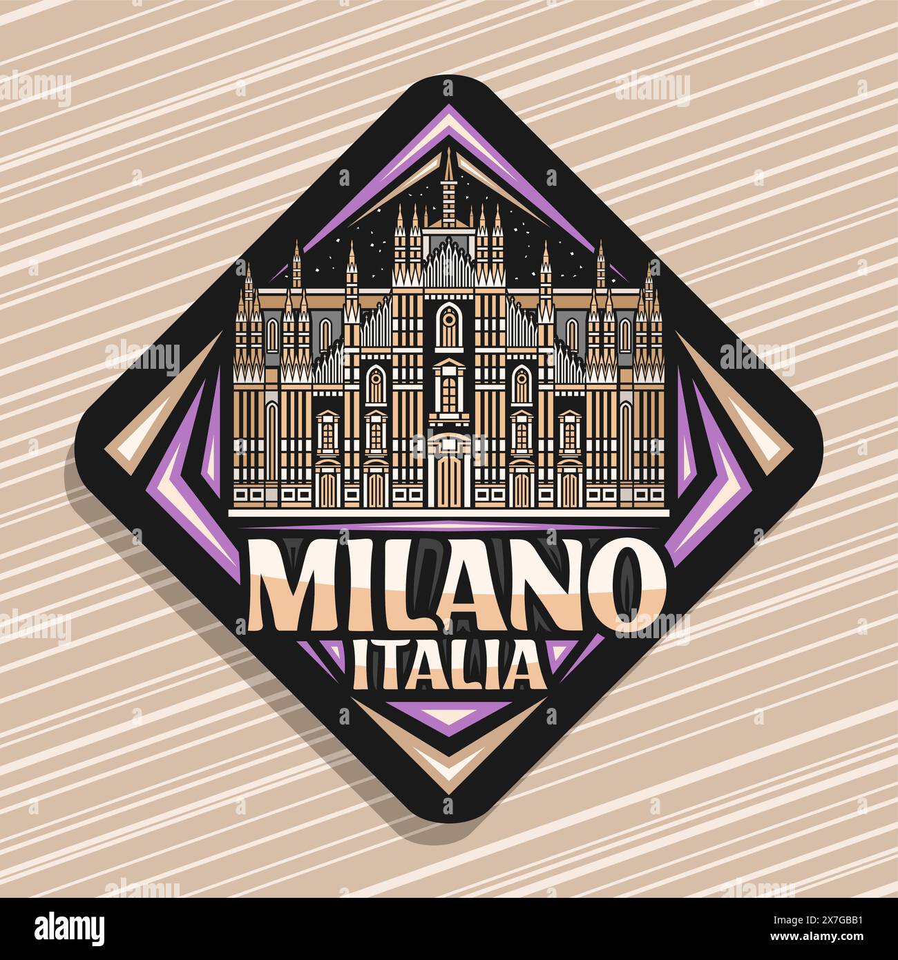 Logo vectoriel pour Milano, panneau routier en losange noir avec illustration de duomo di milano illuminé sur fond de ciel nocturne, réfrigérateur décoratif Illustration de Vecteur