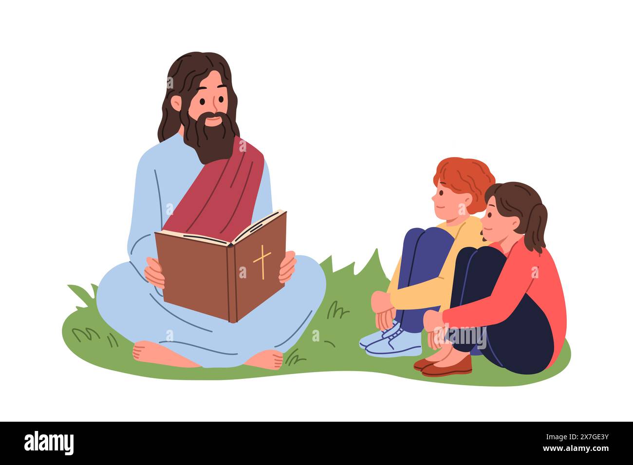 Jésus lit la Bible aux enfants assis sur la pelouse, expliquant aux enfants les commandements de christian Illustration de Vecteur