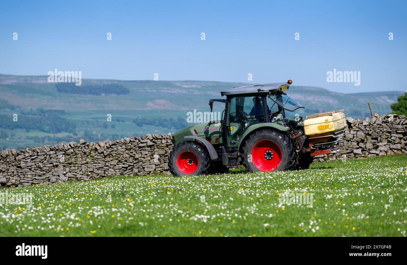 Agriculteur épandant de l'engrais sur un pré de foin traditionnel dans les Yorkshire Dales à l'aide d'un tracteur Hurlimann et d'un épandeur Teagle fert. Yorkshire du Nord, Banque D'Images