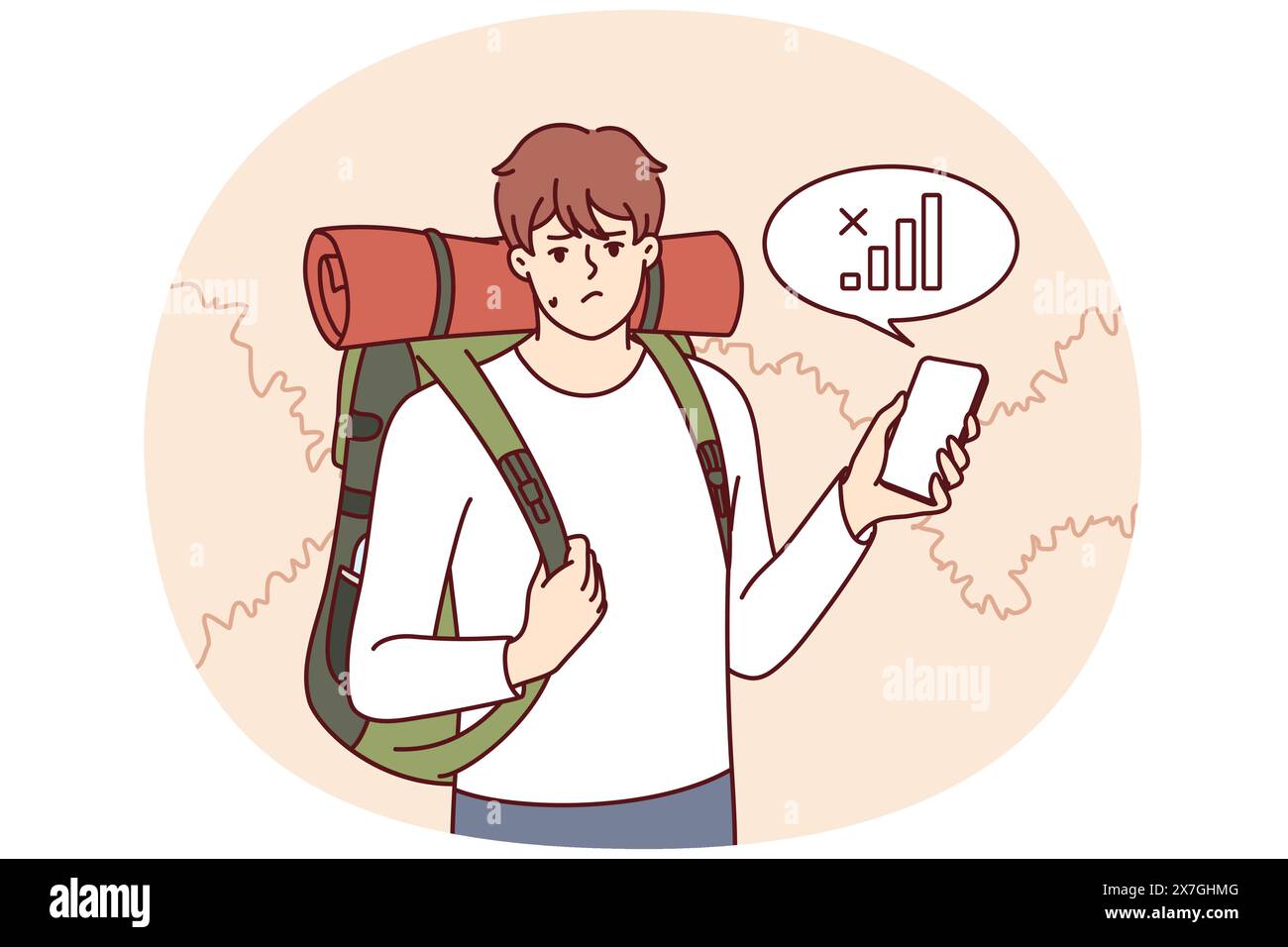 Le voyageur perdu avec son sac à dos est à la recherche d'un réseau mobile pour retrouver son chemin à la maison. Guy touriste s'est perdu dans la forêt et a été triste quand il a appris sur le manque de communication ou le mauvais signal GPS Illustration de Vecteur