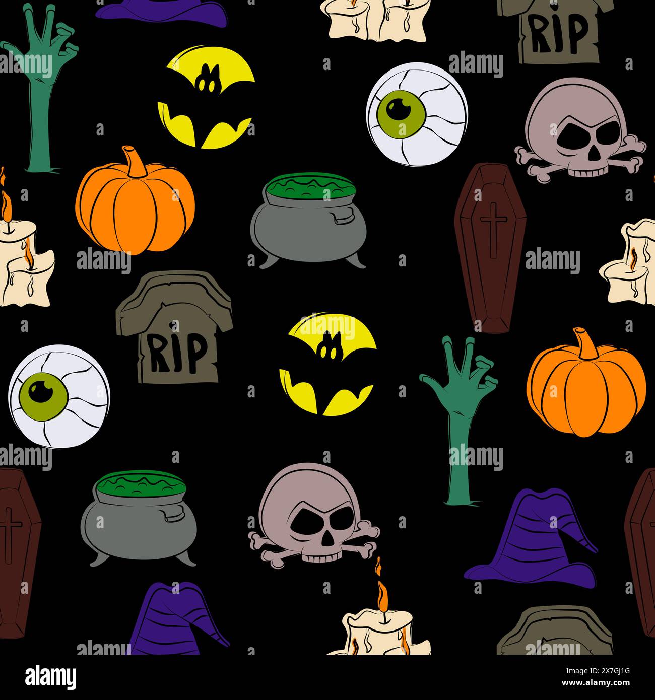 Modèle sans couture avec des icônes d'Halloween sur fond noir Illustration de Vecteur