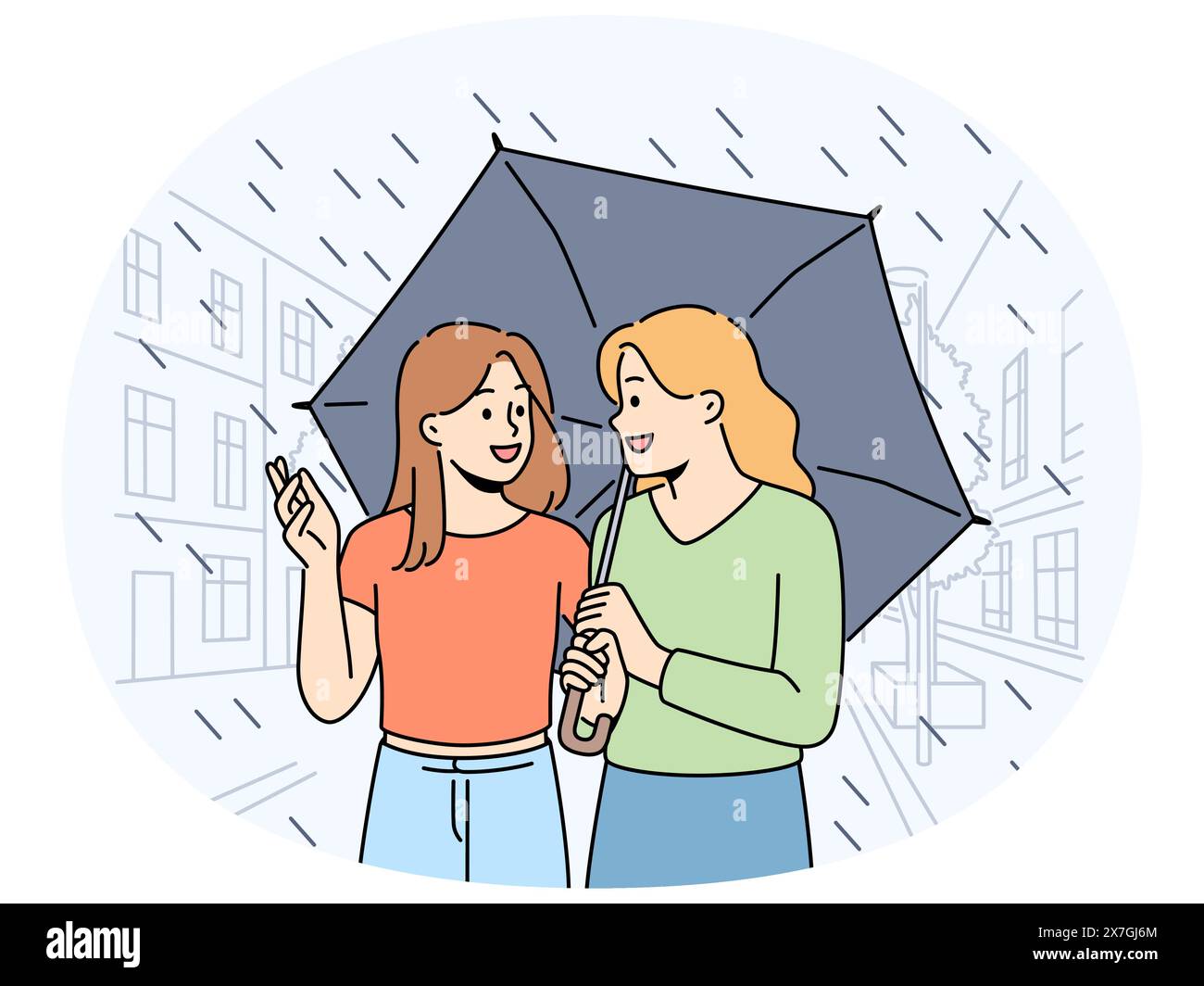 Des amies souriantes marchant sous un parapluie dans la rue de la ville. Des amis heureux marchent sous la pluie, discutez ou discutez le week-end. Amitié. Illustration vectorielle. Illustration de Vecteur