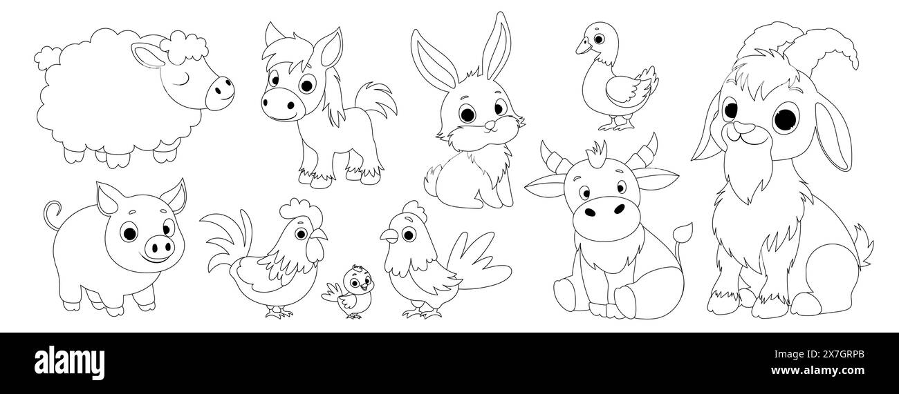 Style lignes noires. Chèvre, canard, lapin, mouton, poney, veau, coq avec poule et cochon - illustration parfaite pour les livres pour enfants, les projets éducatifs Illustration de Vecteur