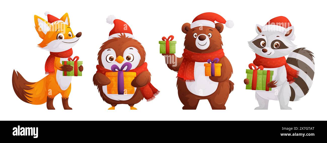 Animaux de dessin animé mignons avec des cadeaux de Noël - renard, pingouin, ours et raton laveur dans des chapeaux et des foulards de vacances. Idéal pour les cartes de Noël et la décoration de vacances. Illustration de Vecteur