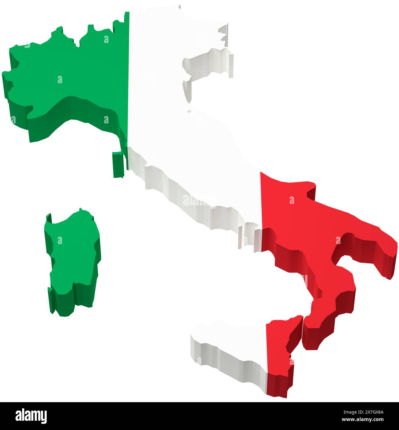 La carte de l'Italie superposée par le drapeau italien isolé sur fond blanc pur (les blancs dans le drapeau sont max 252 afin que vous puissiez estomper l'arrière-plan). Banque D'Images