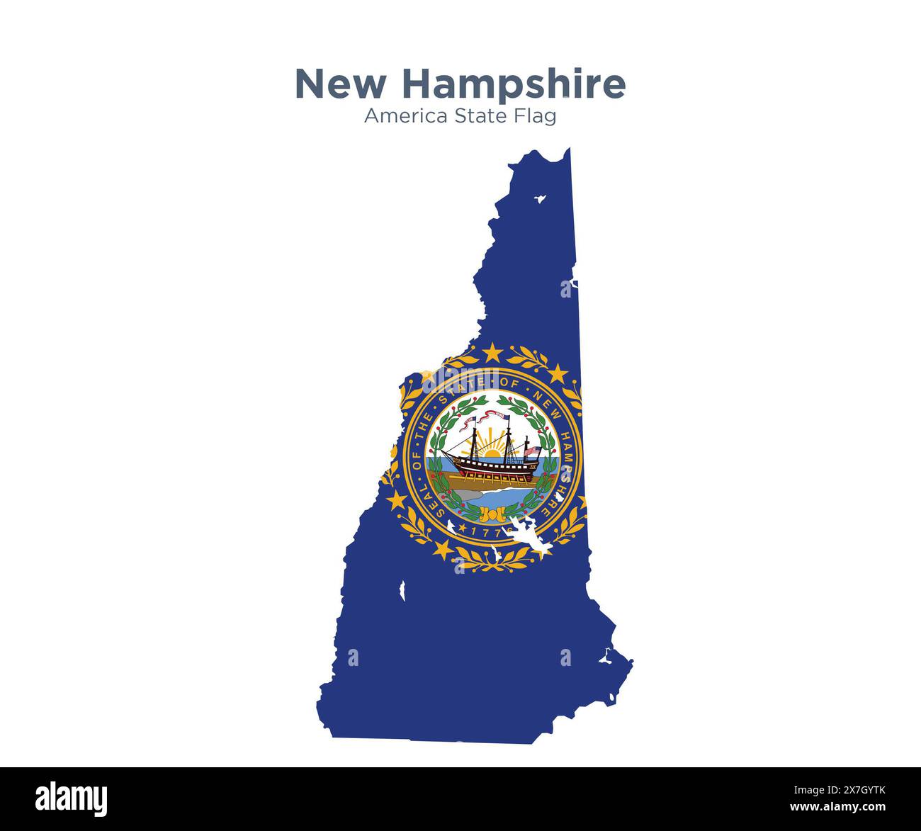 Drapeau et carte du New Hampshire. Drapeaux des états et territoires américains. Drapeau et carte des états d'Amérique sur fond blanc. Banque D'Images