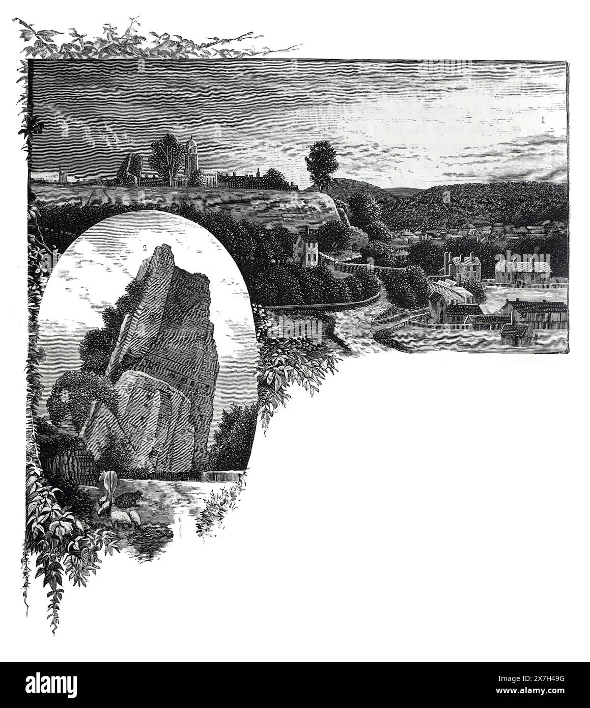 Deux vues de Bridgnorth, Worcestershire, Angleterre. Le kepp du château, et de près d'Oldbury. Fin du XIXe siècle. Illustration en noir et blanc de notre propre pays vol III publié par Cassell, Petter, Galpin & Co à la fin du XIXe siècle. Banque D'Images