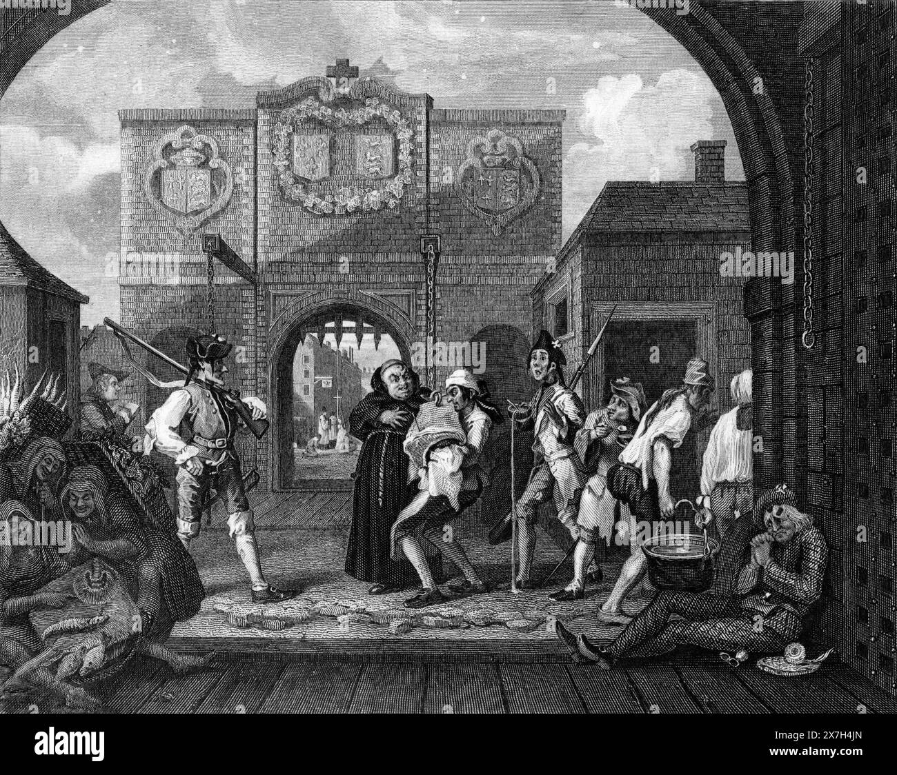 Illustration en noir et blanc : 'porte de Calais' ou 'O, le rôti de bœuf de la vieille Angleterre'. Gravure d'après William Hogarth (1697 - 1764) Banque D'Images
