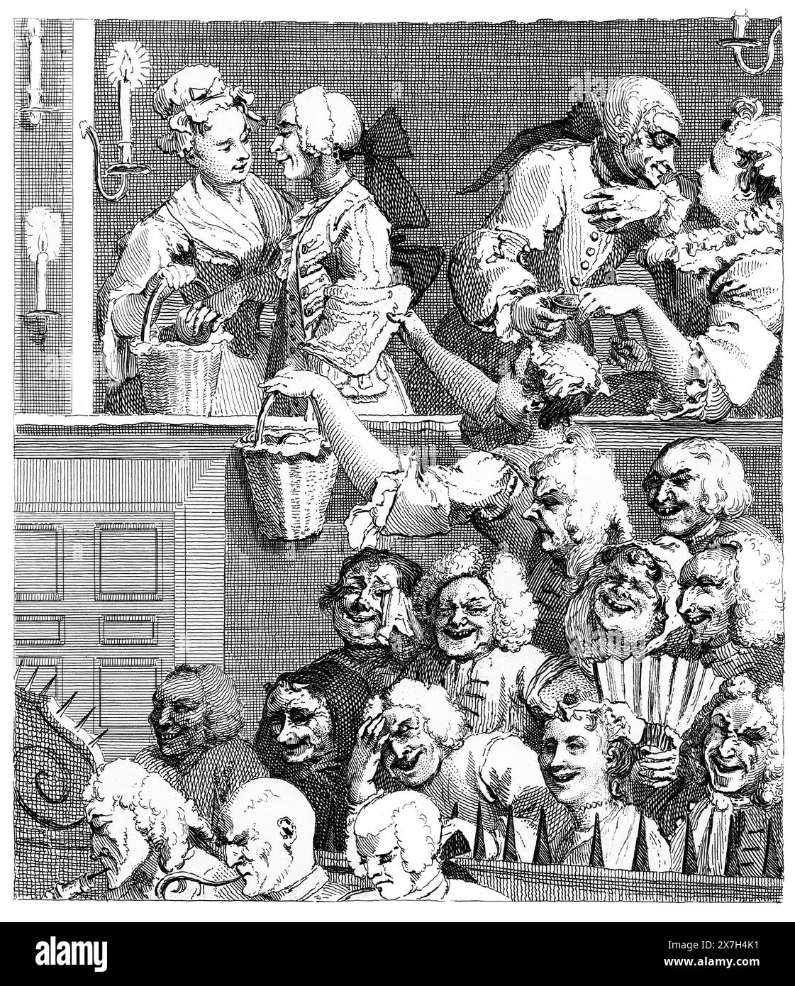 Illustration en noir et blanc : 'le public riant'. Gravure d'après William Hogarth (1697 - 1764) Banque D'Images