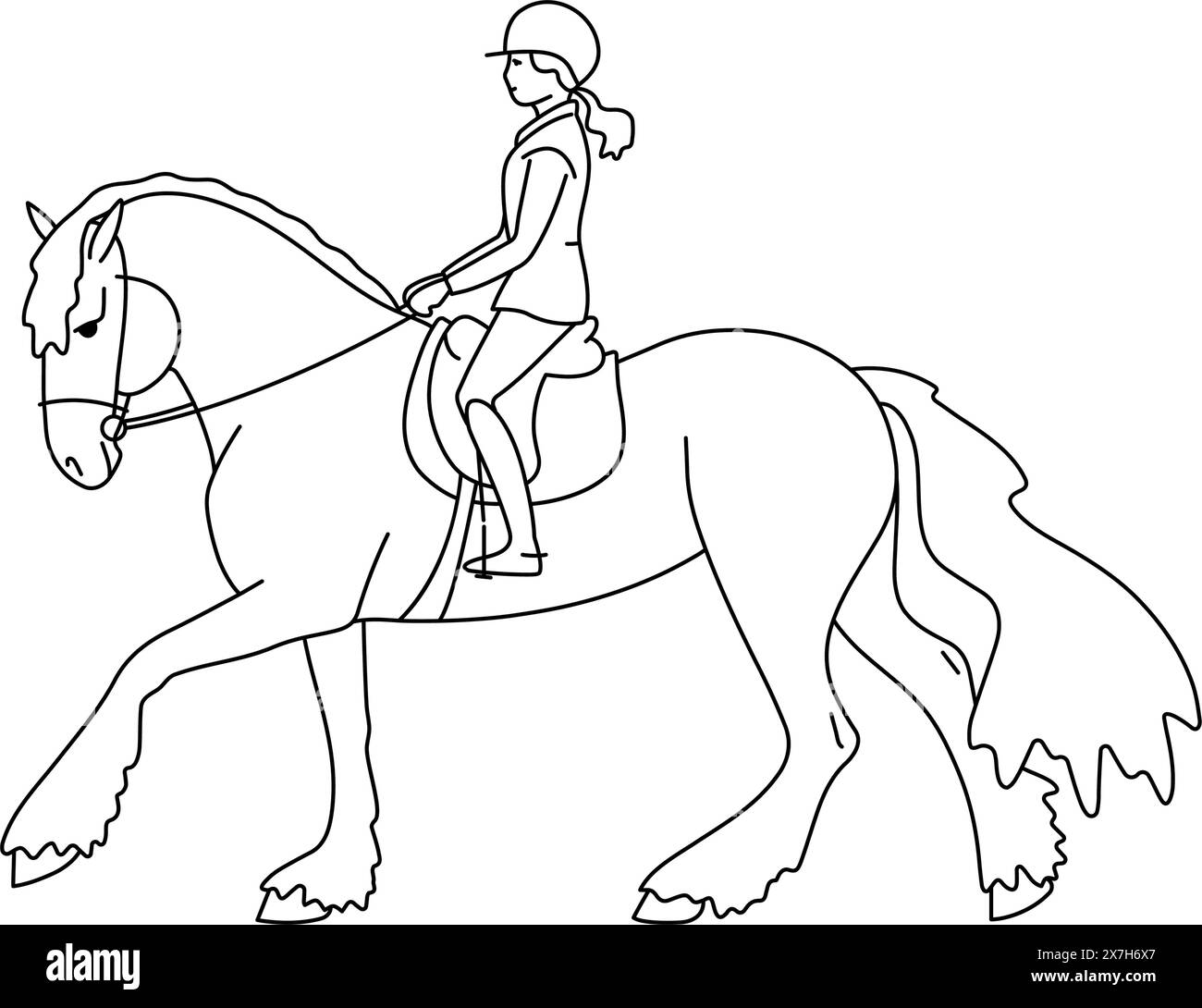 Fille monte un énorme cheval shire, livre de coloriage Illustration de Vecteur