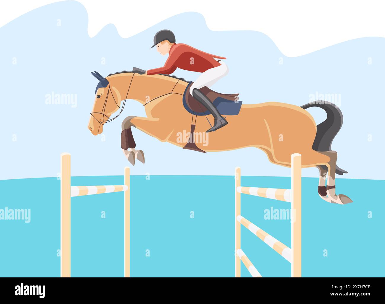 Sports équestres, saut d'obstacles. Un cavalier et un cheval surmontent les obstacles sur fond de ciel et de mer Illustration de Vecteur