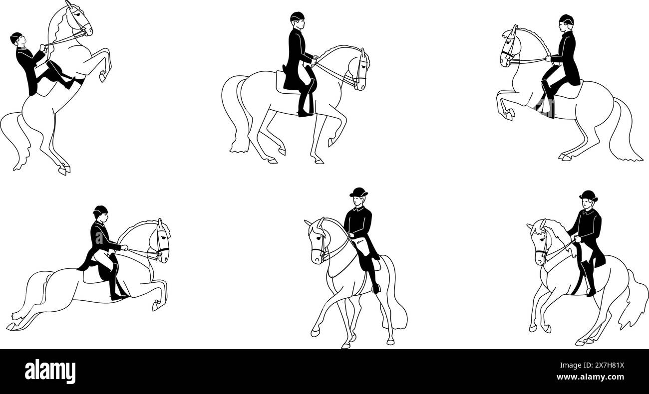 Ensemble de cavaliers et chevaux, dressage classique Illustration de Vecteur