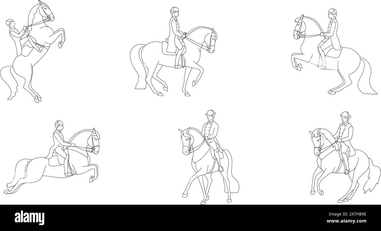 Ensemble de cavaliers et chevaux, dressage classique Illustration de Vecteur