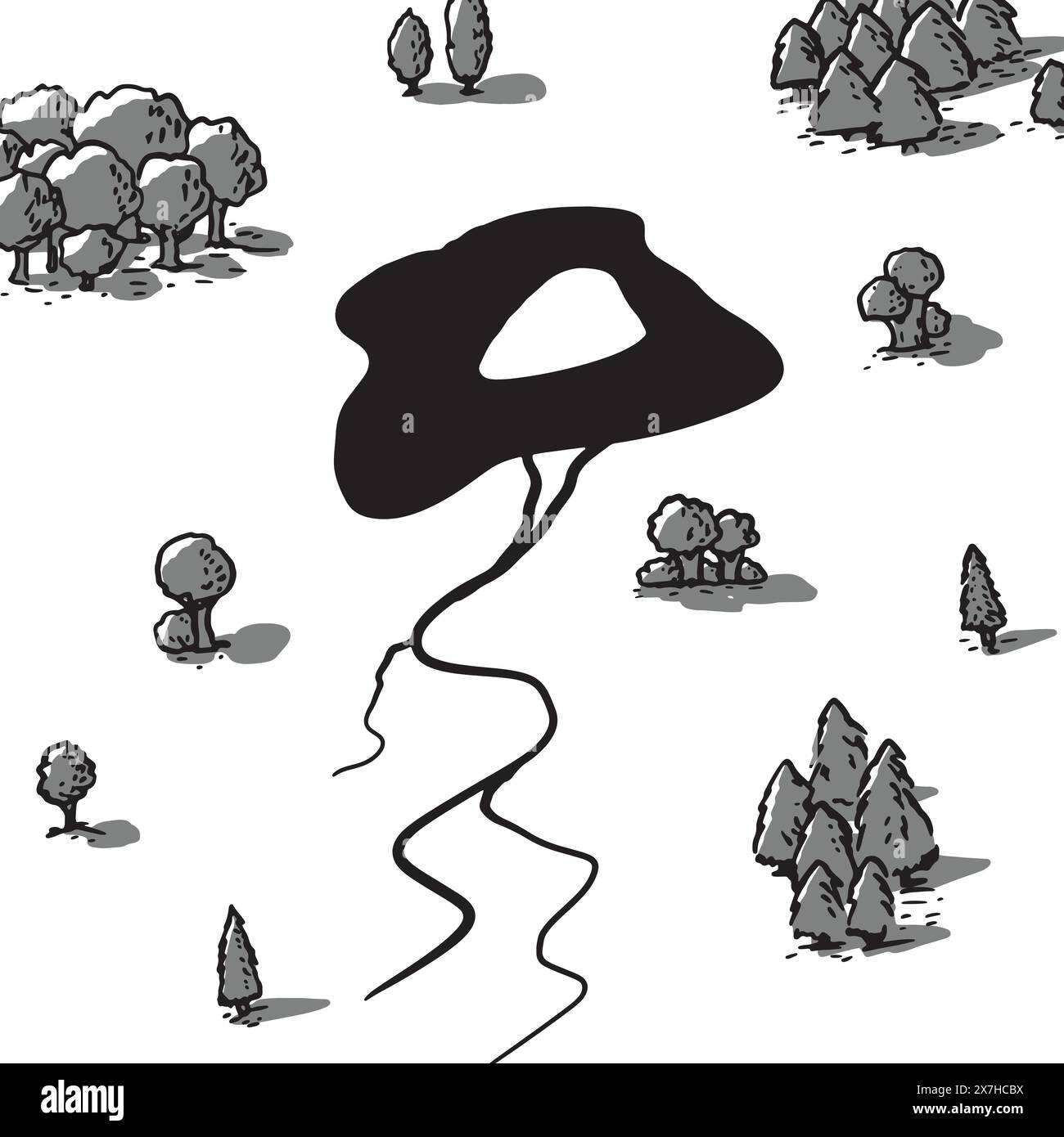 Illustration vectorielle. Paysage avec une rivière et des arbres vue de dessus. Illustration de Vecteur