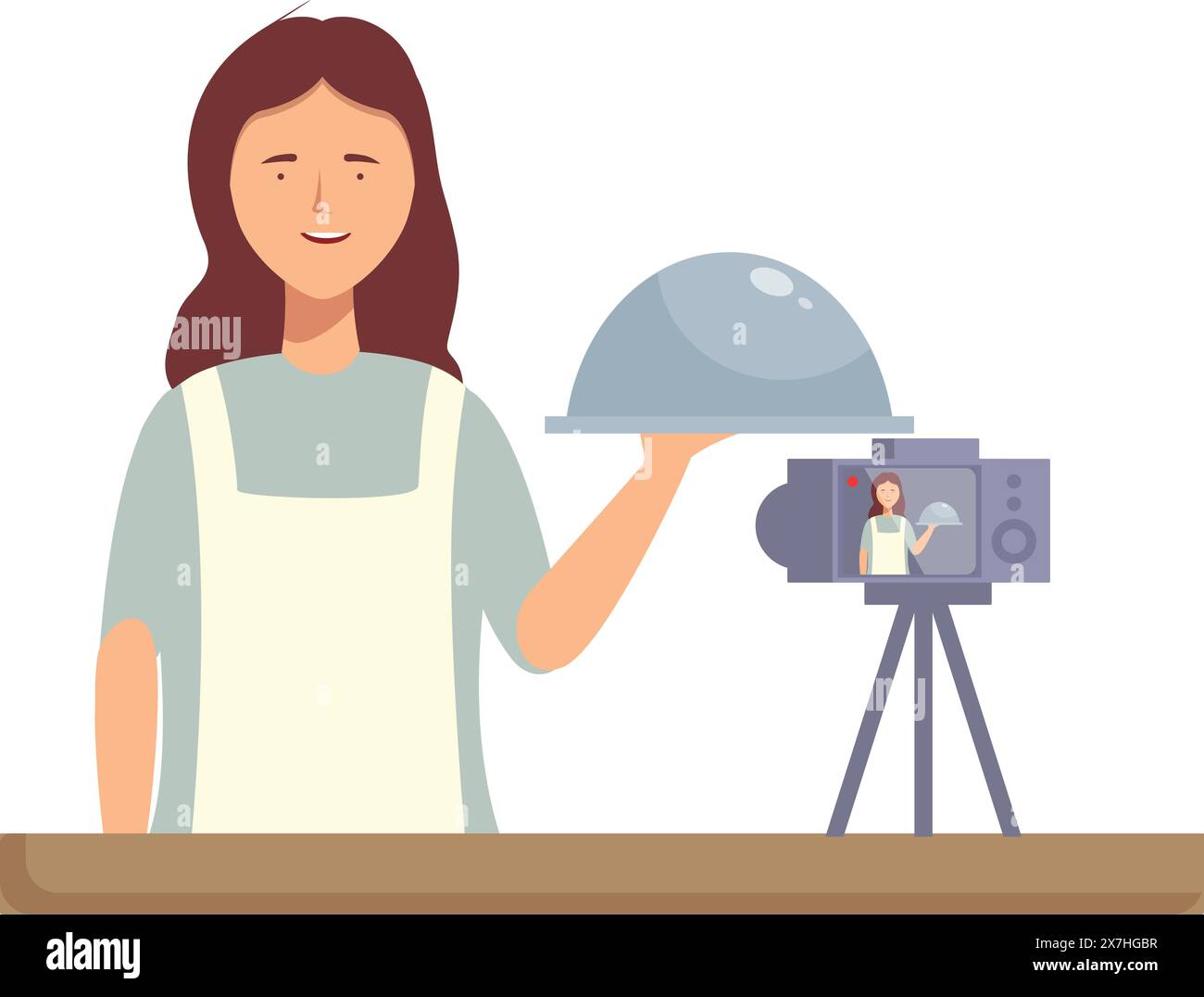 Femme sourit alors qu'elle se filme pour un vlog de cuisine, présentant un plat Illustration de Vecteur
