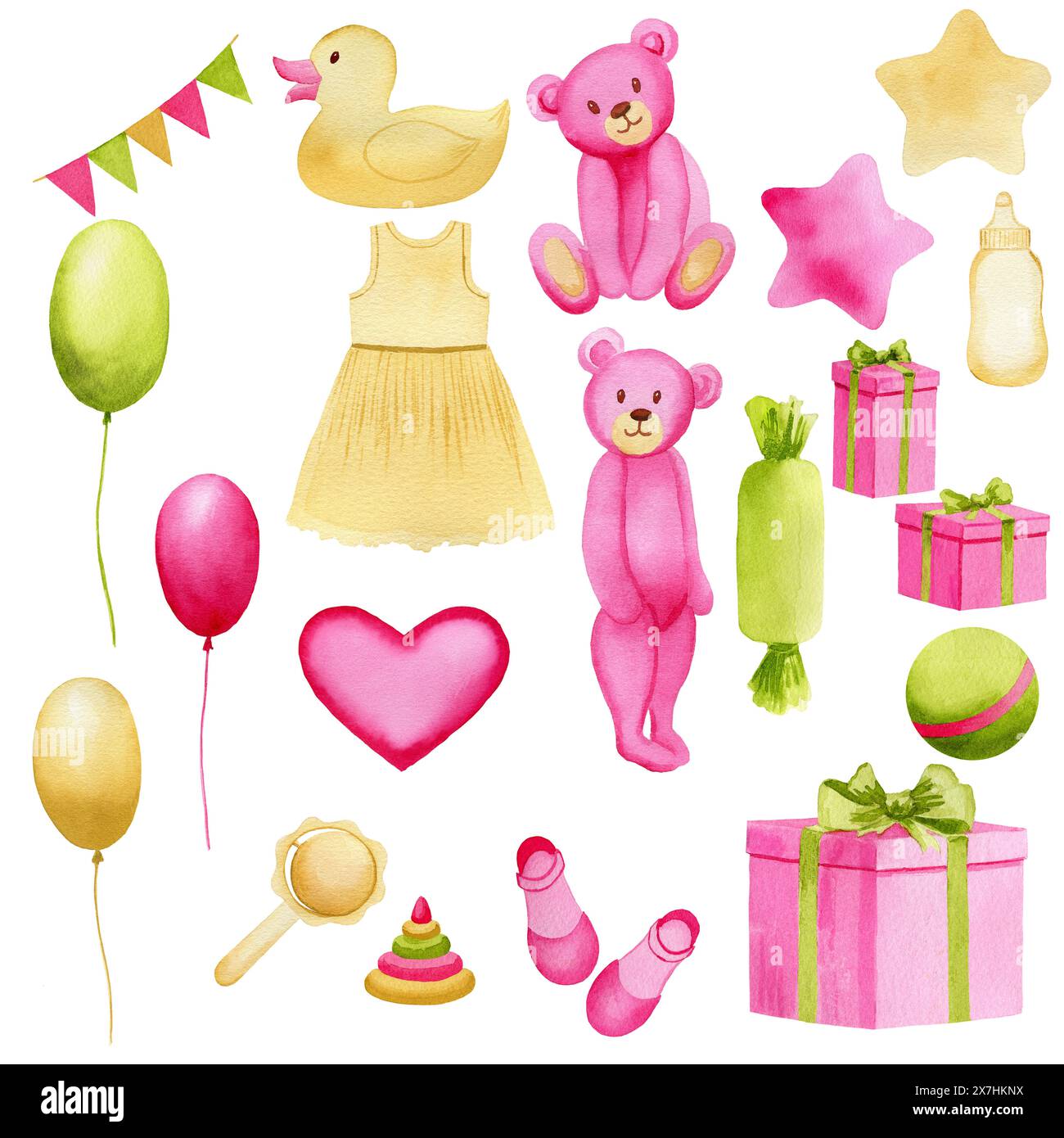 Jeu de jouets pour pépinière à l'aquarelle. Animal mignon peint à la main de caractère d'ours, jouets pour bébés, étoiles, drapeaux, boîtes-cadeaux, robe, chaussures pour enfants, coeur, doux Banque D'Images