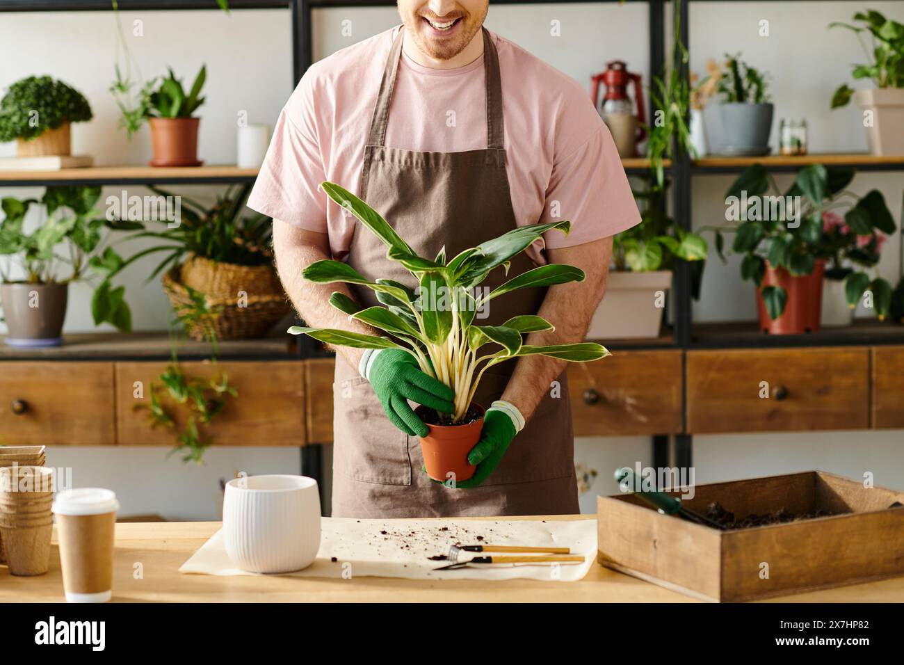 Un homme tient délicatement une plante en pot sur une table en bois dans un magasin d'usine pittoresque, montrant son amour pour la verdure. Banque D'Images