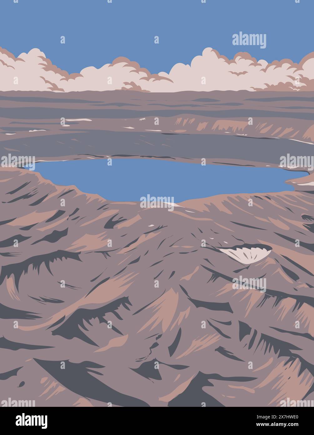WPA affiche art de la caldeira Askja situé dans le parc national de Vatnajokull dans une partie éloignée des hautes terres centrales de l'Islande fait en travaux projet A. Illustration de Vecteur