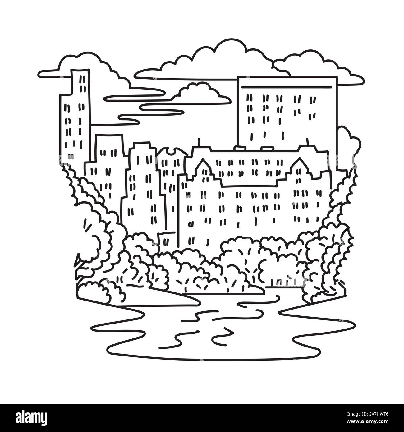 Illustration mono ligne de Central Park avec l'étang et Midtown Manhattan en arrière-plan à New York City aux États-Unis d'Amérique USA fait Illustration de Vecteur