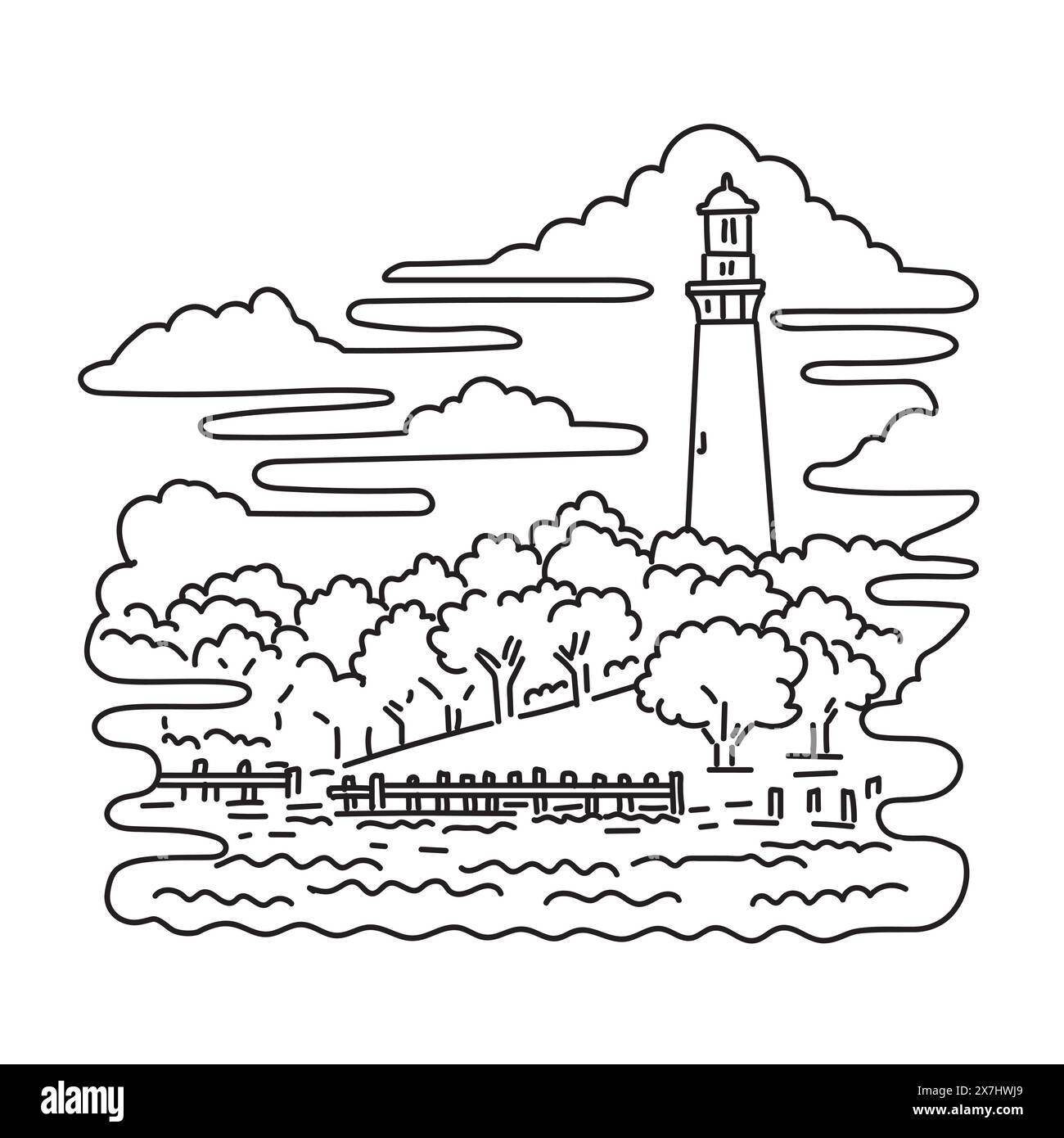Illustration mono ligne du phare de Currituck Beach sur les rives extérieures de la Caroline du Nord aux États-Unis d'Amérique USA fait en ligne monoline ar Illustration de Vecteur
