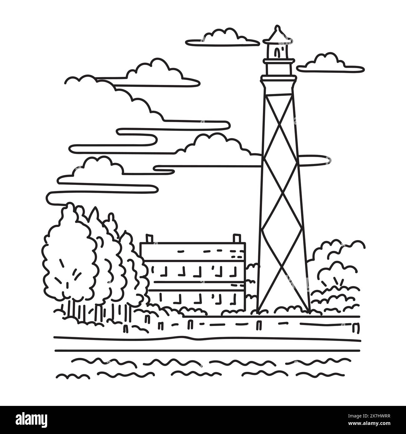 Illustration monoligne du phare de Cape Lookout à Harkers Island situé sur les rives extérieures de la Caroline du Nord aux États-Unis d'Amérique d Illustration de Vecteur