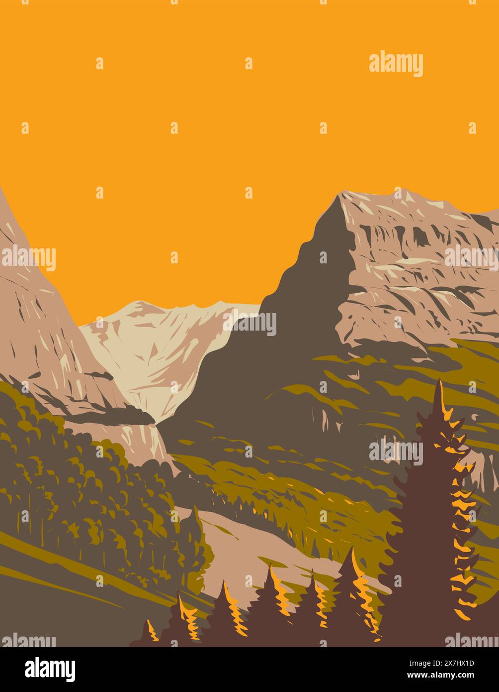WPA affiche art de la vallée de Grindelwald avec Mattenberg en arrière-plan situé en Suisse fait dans des travaux d'administration de projet ou Art Déco styl Illustration de Vecteur