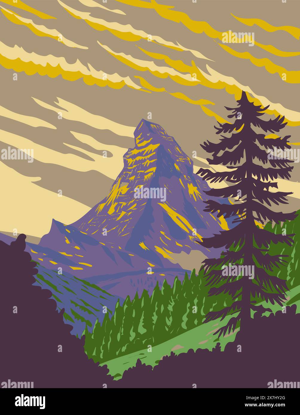 WPA affiche art du Cervin surplombant la ville suisse de Zermatt dans le canton du Valais en Suisse fait dans l'administration de projets de travaux ou Illustration de Vecteur