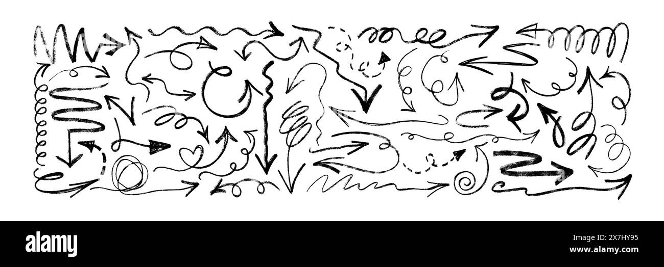 Jeu de flèches au fusain dessinées à la main. Pointeurs de direction Doodle, flèche pointillée, traits courbes ou lignes courbes crayons noirs isolés sur fond blanc. Grunge crayon crayon griffé ou griffes en graphite Illustration de Vecteur