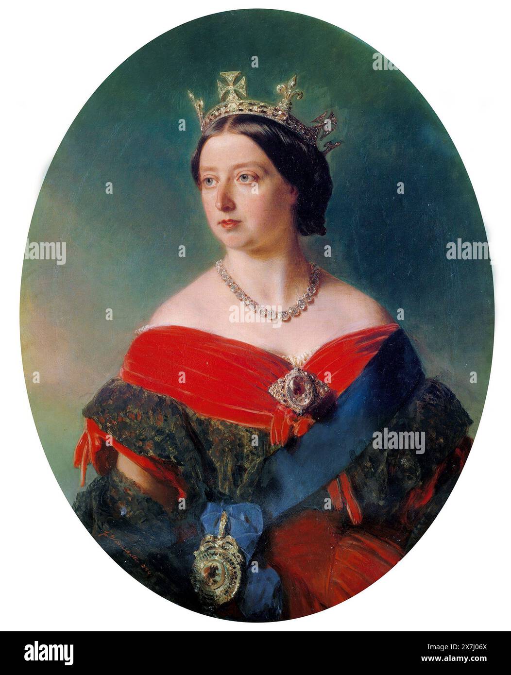 Koh-i-Noor Diamond. Portrait de la reine Victoria portant la broche koh-i-noor, tableau de Franz Xaver Winterhalter, 1856. Le diamant est actuellement monté dans la couronne de la reine Elizabeth la reine mère. Banque D'Images