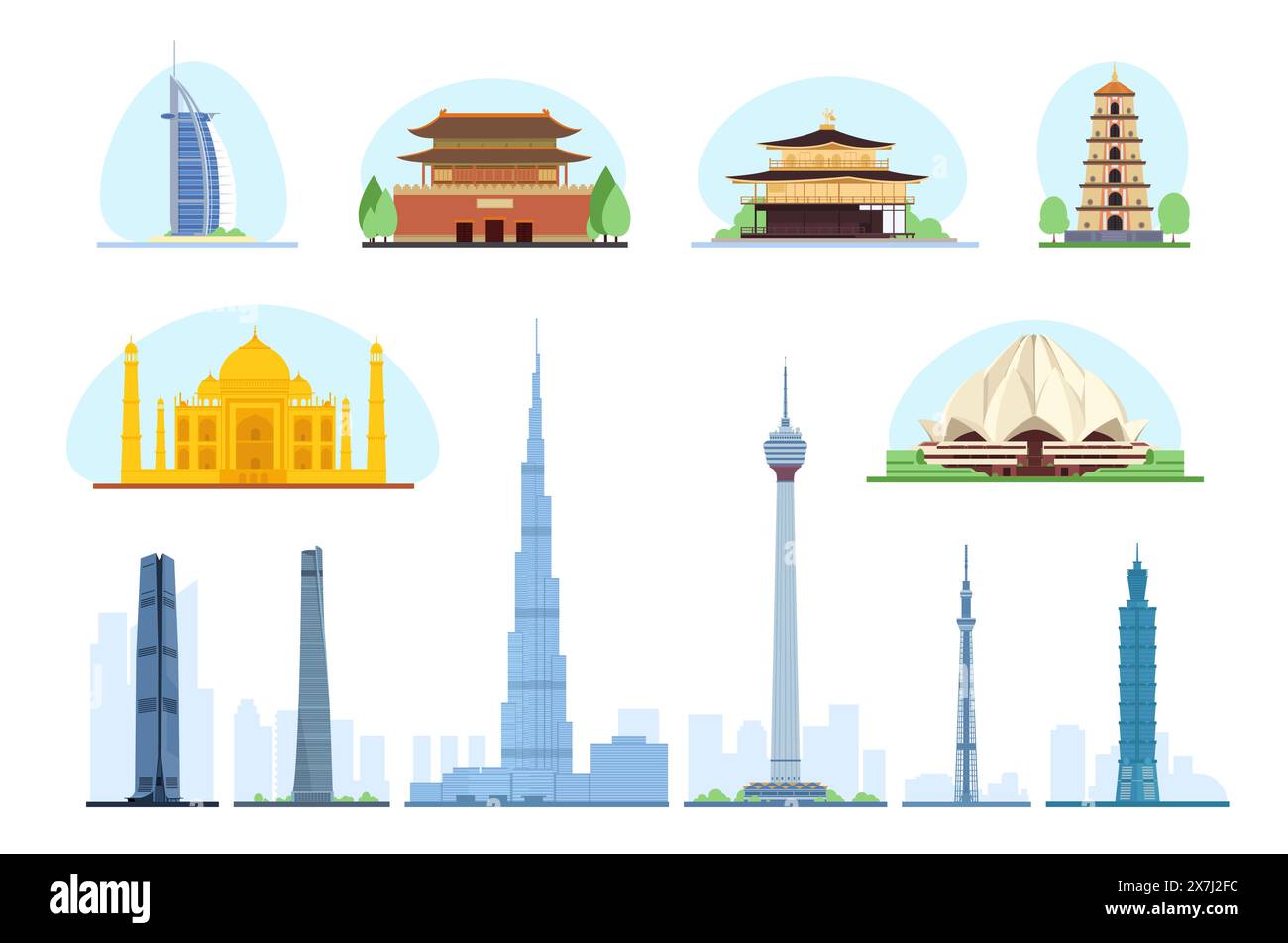 Bâtiments asiatiques. Voyagez dans les monuments célèbres. Anciens palais et gratte-ciel modernes. Temples orientaux. Voyage touristique. Les pagodes historiques. Tours plat s Illustration de Vecteur