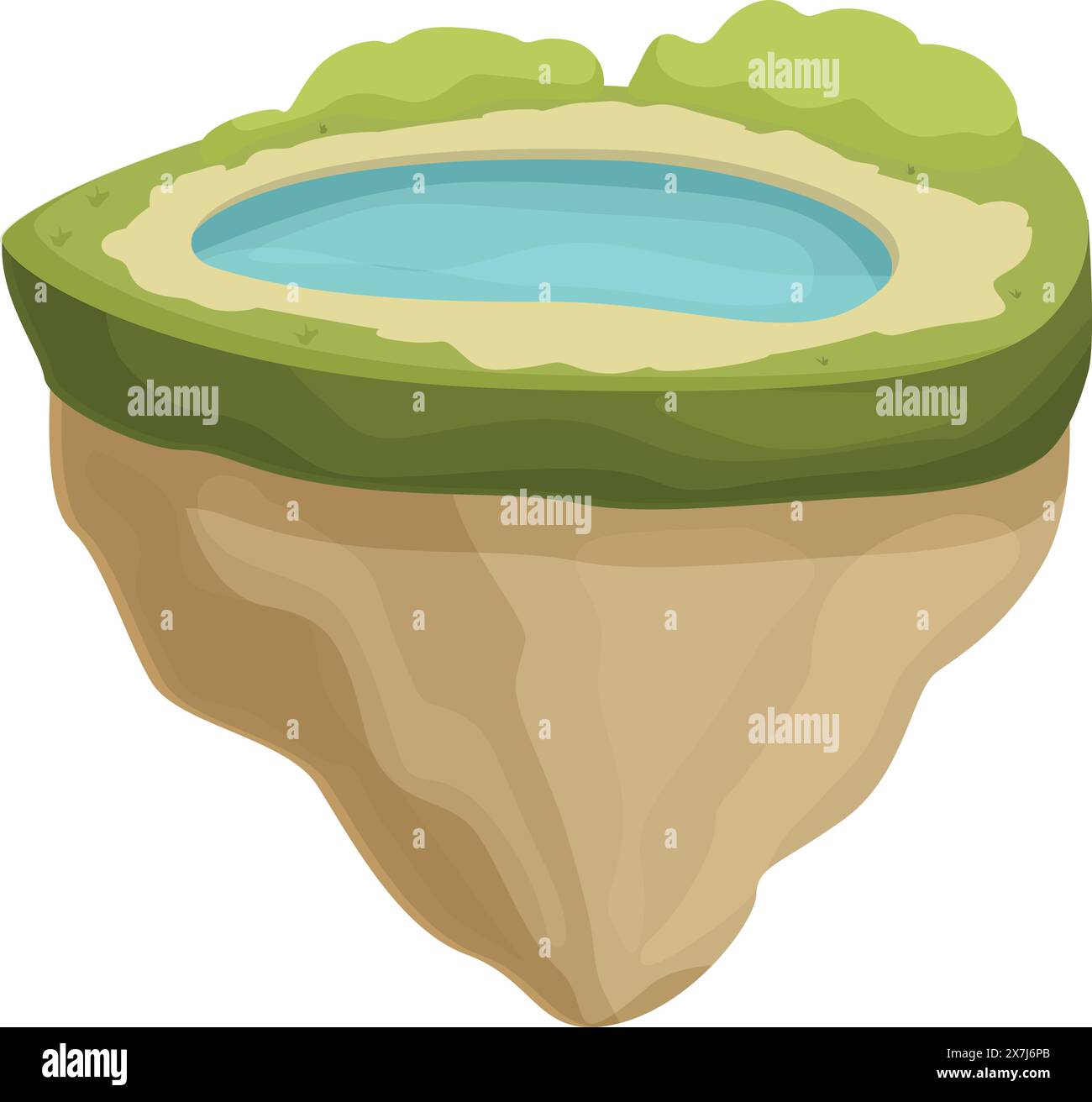 Illustration d'une île flottante avec un élément d'eau central, ressemblant à un avocat coupé en deux Illustration de Vecteur