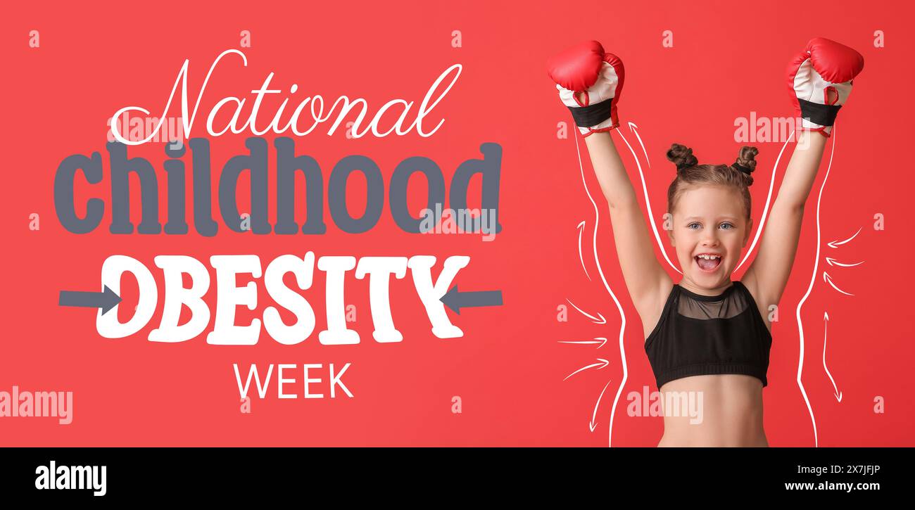Bannière pour la semaine nationale de l'obésité infantile avec une petite fille en gants de boxe Banque D'Images