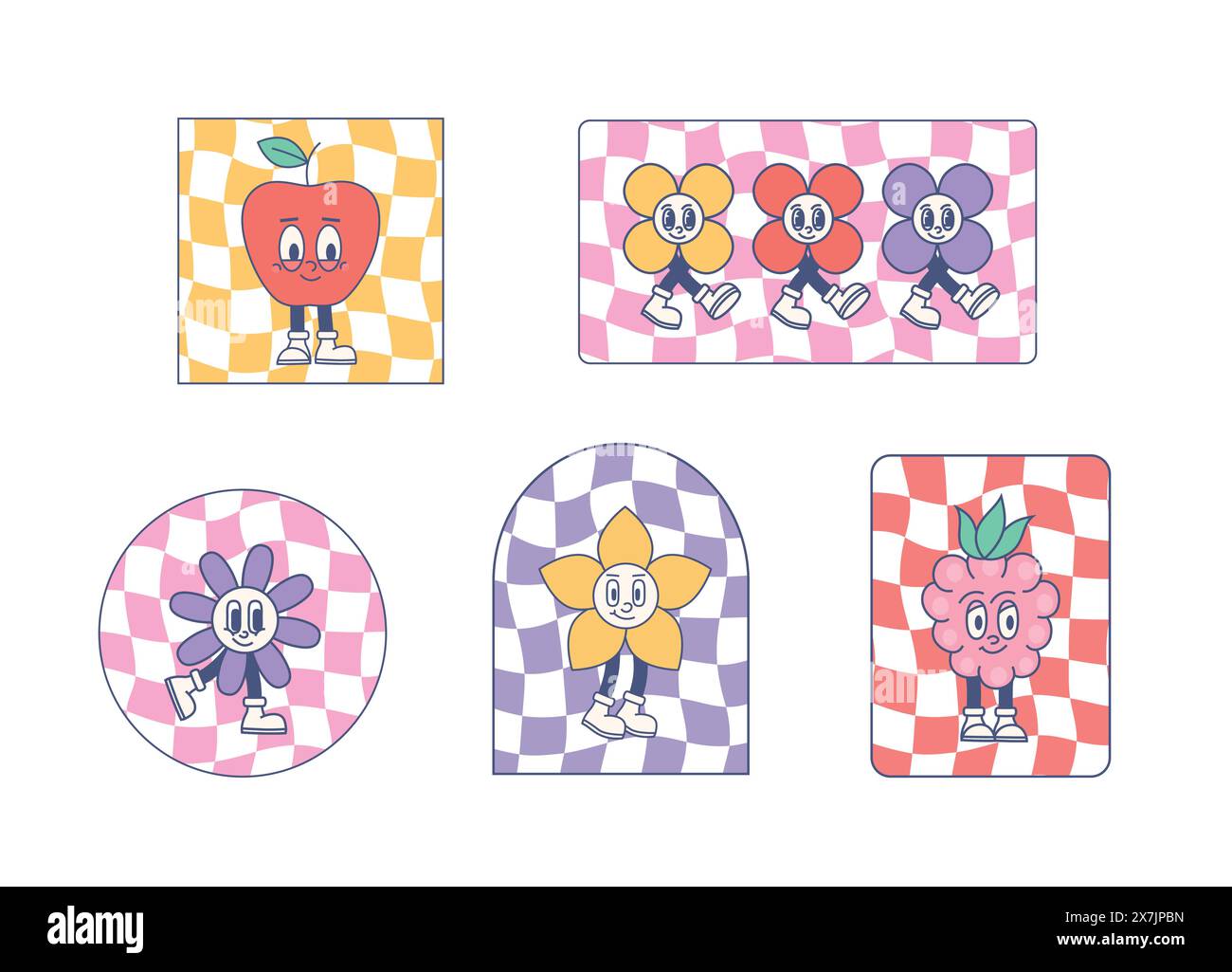 Groovy mignon sourire fleurs, fruits. Patchs vectoriels drôles positifs, badges. Illustration de Vecteur