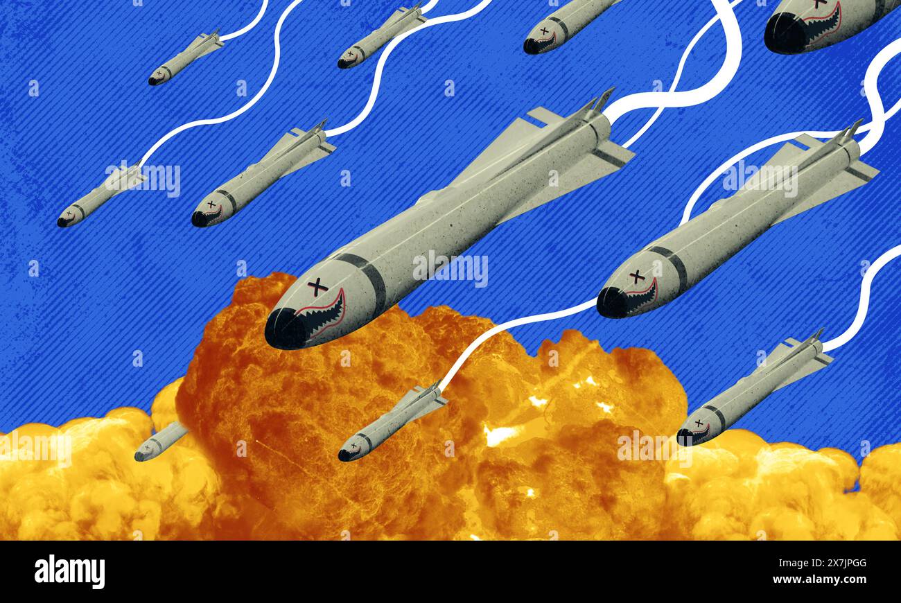 Art de collage d'attaque de missile causant la destruction massive et l'explosion. Illustration de bombardements atomiques militaires. Concept de conflit de guerre représenté dans l'art du surréalisme Banque D'Images