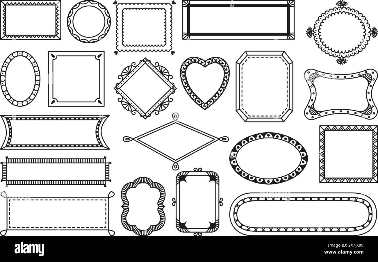 Cadres dessinés à la main. Cadre doodle décoratif, éléments artistiques isolés pour la décoration, l'invitation, les cartes enfantines ou de mariage. Ensemble de vecteurs néotériques Illustration de Vecteur