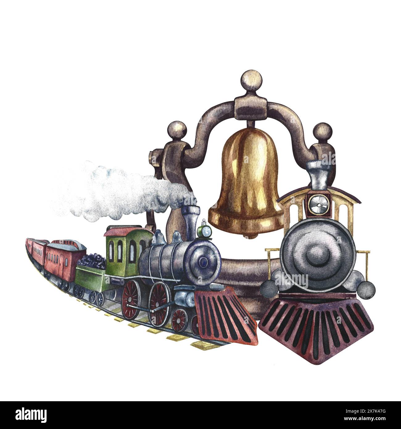 Locomotives à vapeur vintage, et une cloche de locomotive à vapeur. Illustration aquarelle faite à la main dans un style rétro. Pour bannières, flyers, affiches. Pour les tirages, Banque D'Images