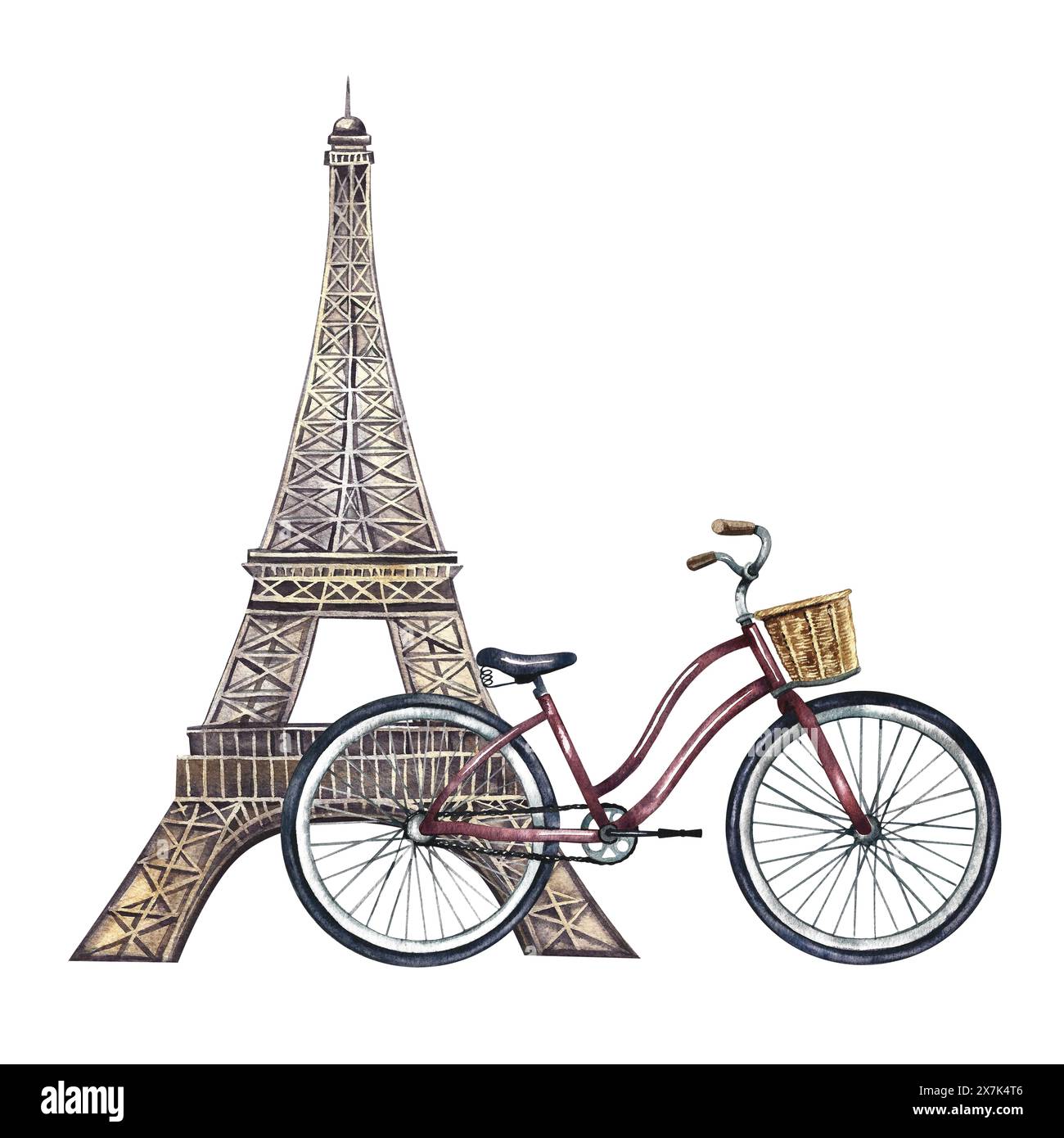 La Tour Eiffel et un vélo rétro avec panier. Une illustration d'aquarelle dessinée à la main. Une belle carte postale romantique. Conçu pour les badges, emblèmes Banque D'Images