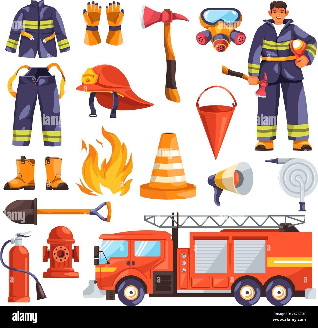 Équipement de pompier de dessin animé. Outils de lutte contre l'incendie, uniforme de lutte contre les pompiers équipement rouge casque clignotant extincteur icône d'extincteur illustration vectorielle de l'équipement du pompier Illustration de Vecteur