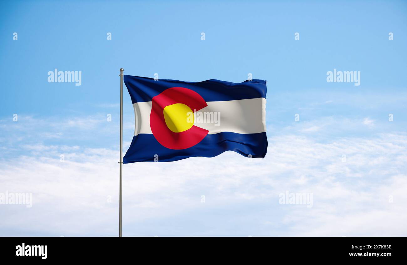 Drapeau Colorado. Drapeau Colorado contre ciel nuageux. Pays, nation, union, bannière, gouvernement, Colorado culture, politique, tourisme, États-Unis. Illustration 3D Country FLAG US State colorado Banque D'Images