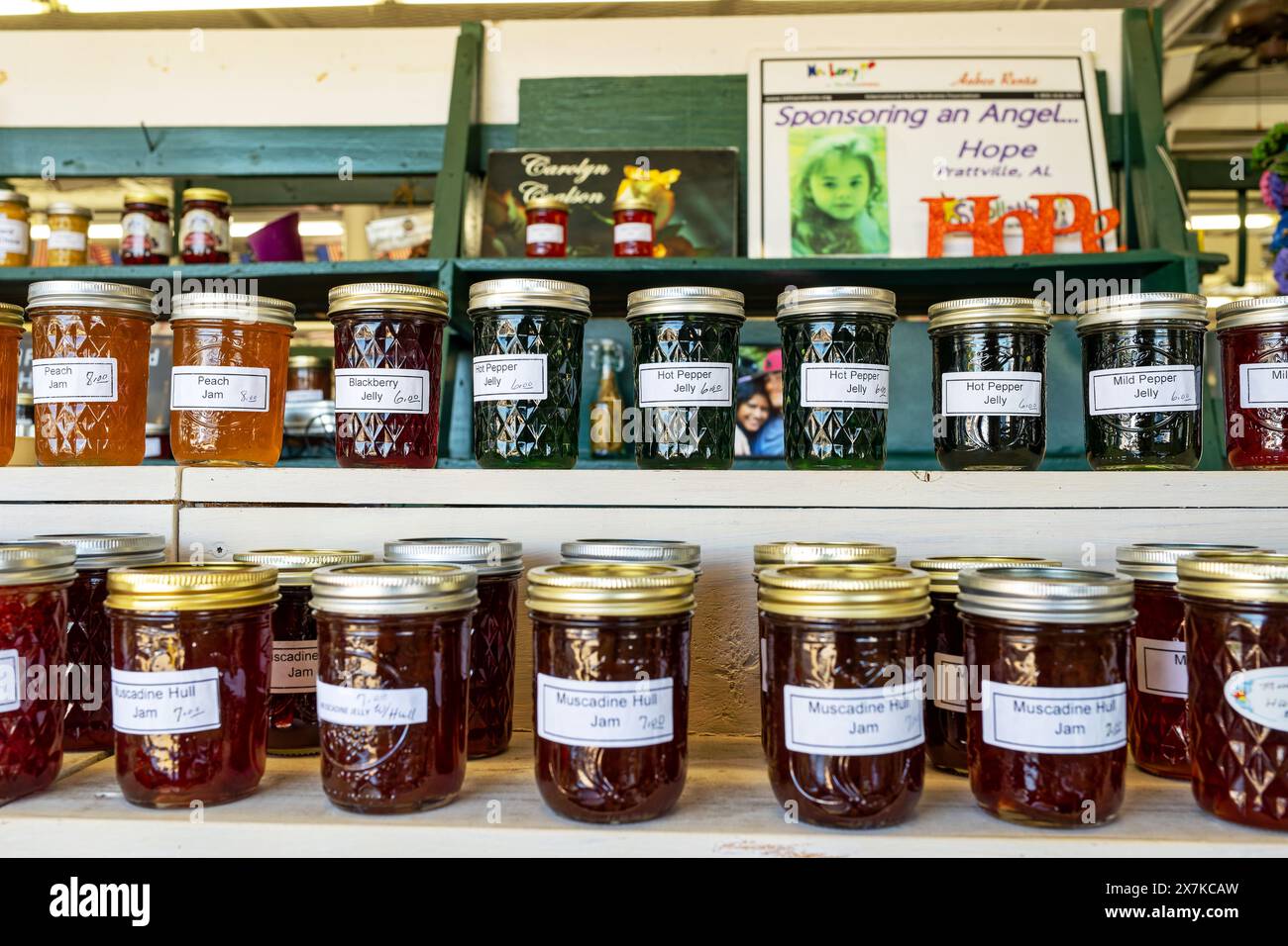 Des pots faits maison de confiture de pêches, de confiture de muscadine, de gelée de piment fort et de gelée de mûres sur un stand de vendeurs dans un marché agricole local à Montgomery, Alabama. Banque D'Images