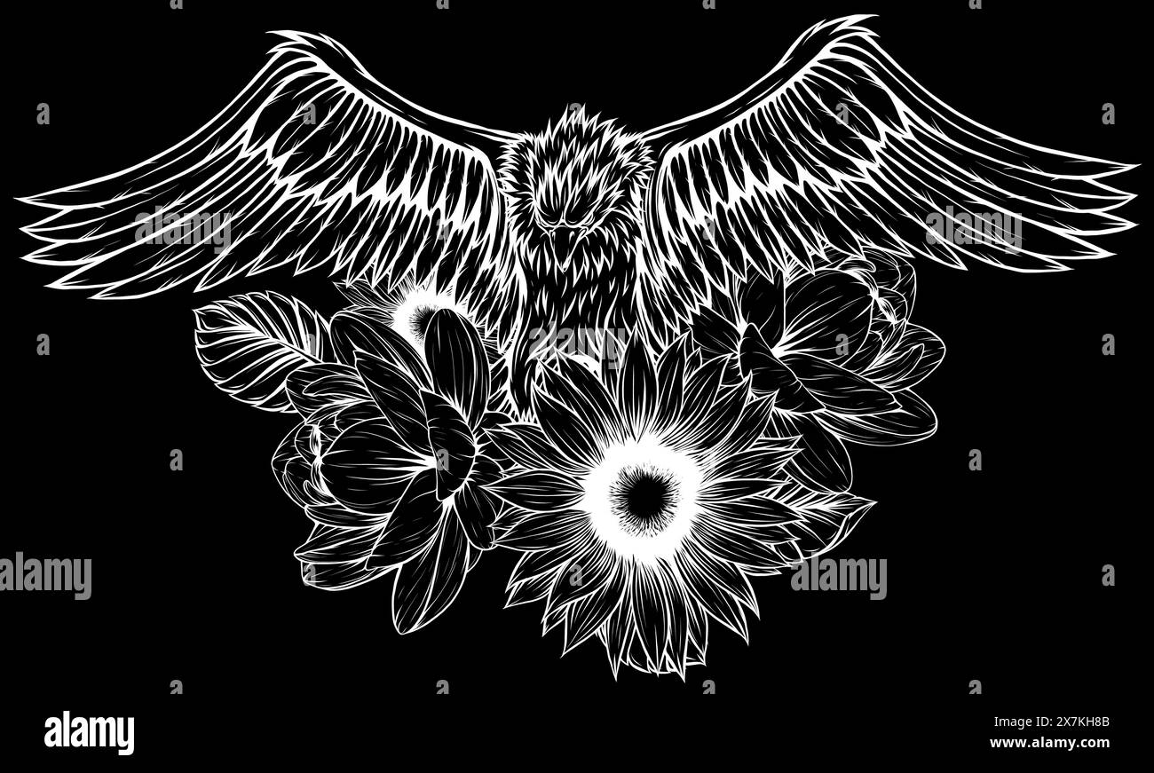 Aigle en ligne blanche sur fond noir Illustration de Vecteur