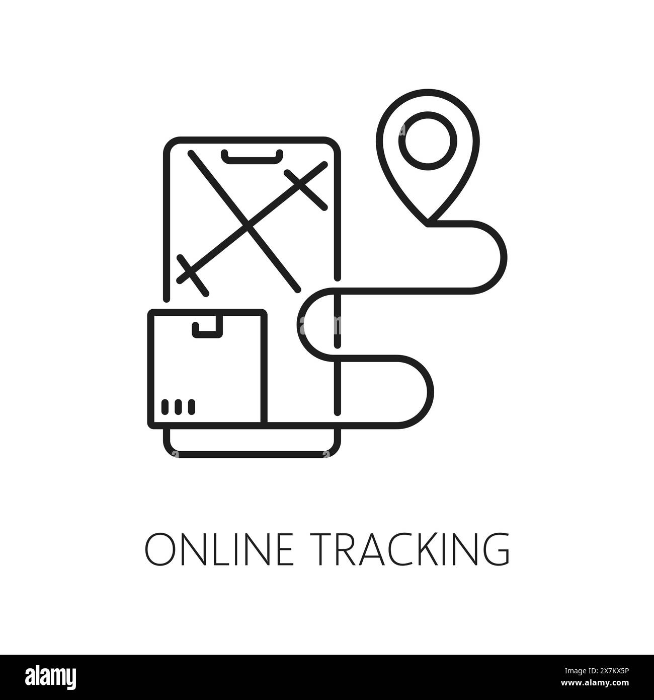 Suivi en ligne, icône de ligne logistique. Chaîne d'approvisionnement, livraison et stockage, signe vectoriel de contour de service de fret de colis en mouvement et smartphone avec carte, épingle et piste, symbolisant la surveillance en temps réel Illustration de Vecteur