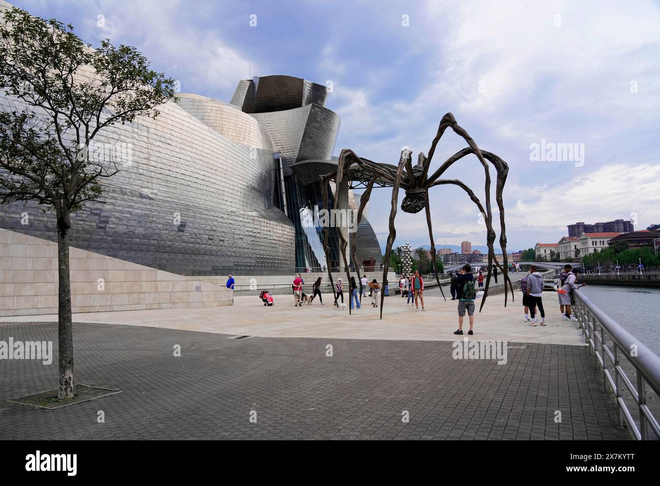 Musée Guggenheim Bilbao sur les rives de la rivière Nervion, architecte Frank O. Gehry, Bilbao, les gens regardent une sculpture d'araignée géante à l'extérieur d'un Banque D'Images