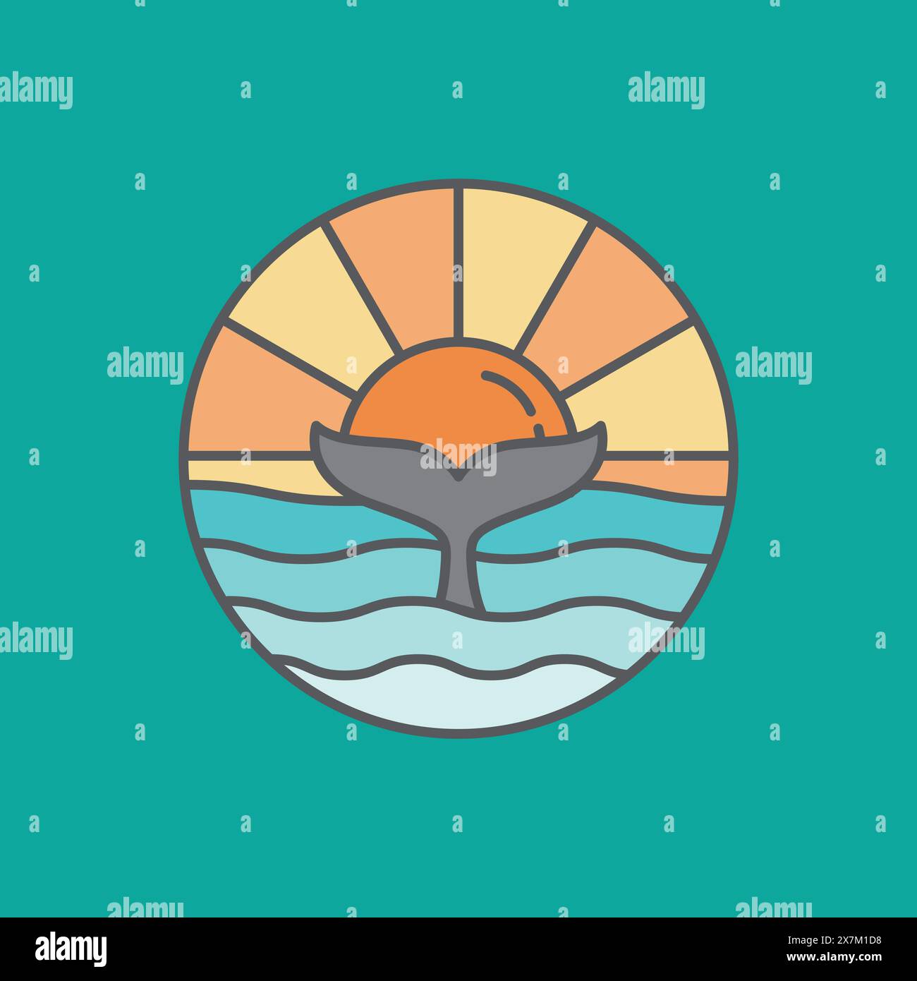Coucher de soleil avec la combinaison de queue de baleine, la queue de baleine est représentée au milieu de la mer avec le soleil en arrière-plan. Illustration de Vecteur