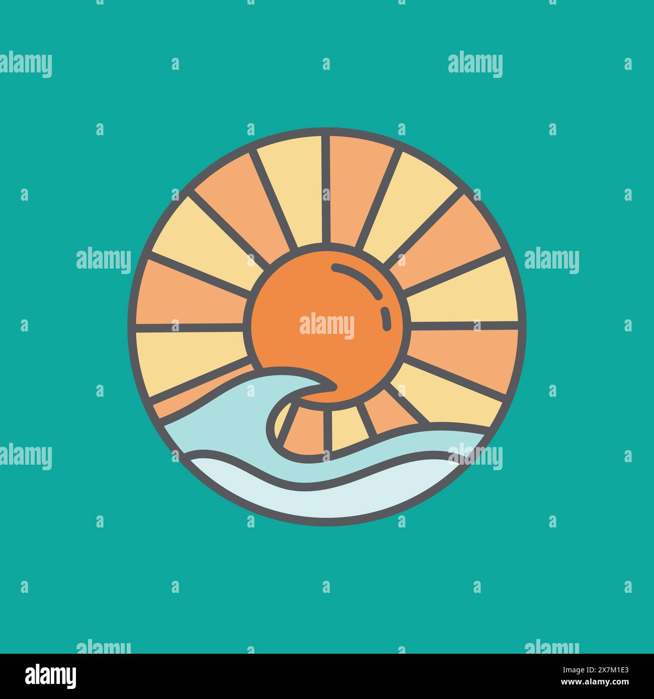 Conception de contour de coucher de soleil, le soleil est au centre du cercle avec des vagues en arrière-plan Illustration de Vecteur