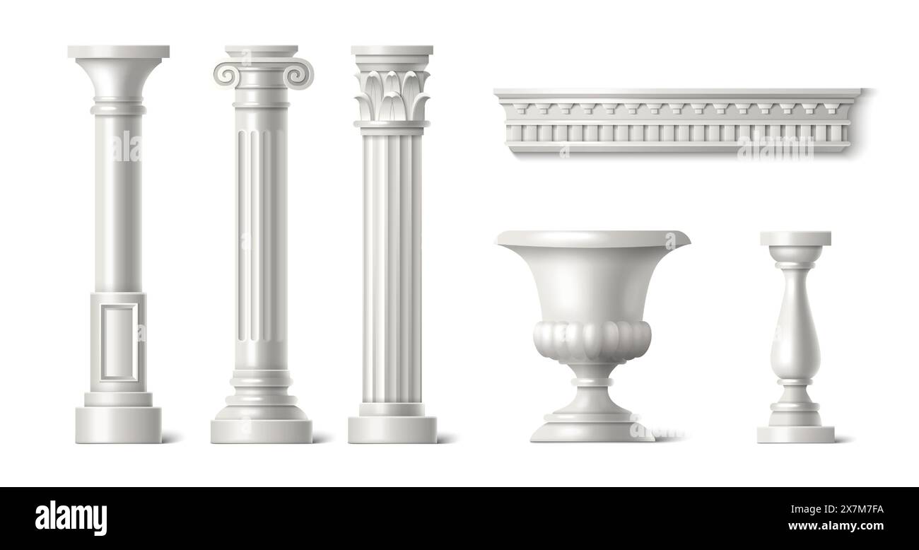 3d colonne romaine. Vecteur de pilier en marbre grec blanc. L'architecture du temple de Rome a isolé la conception artistique de sculpture réaliste. Colonnade dorique et balustre orné rendent la décoration. pilar italien baroque Illustration de Vecteur