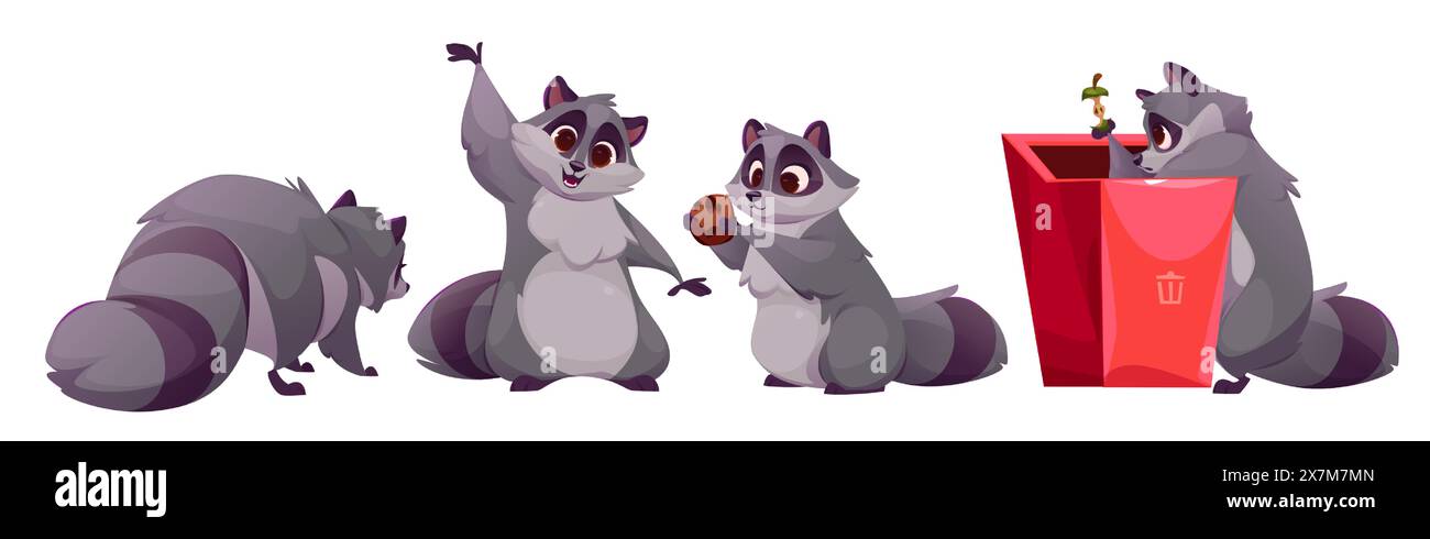 Racoon personnage de dessin animé dans différentes poses et faire face aux émotions. Mascotte d'animaux sauvages comique avec diverses expressions - recherche de nourriture dans la poubelle, agitant la main, debout avec le dos, assis avec le cookie Illustration de Vecteur