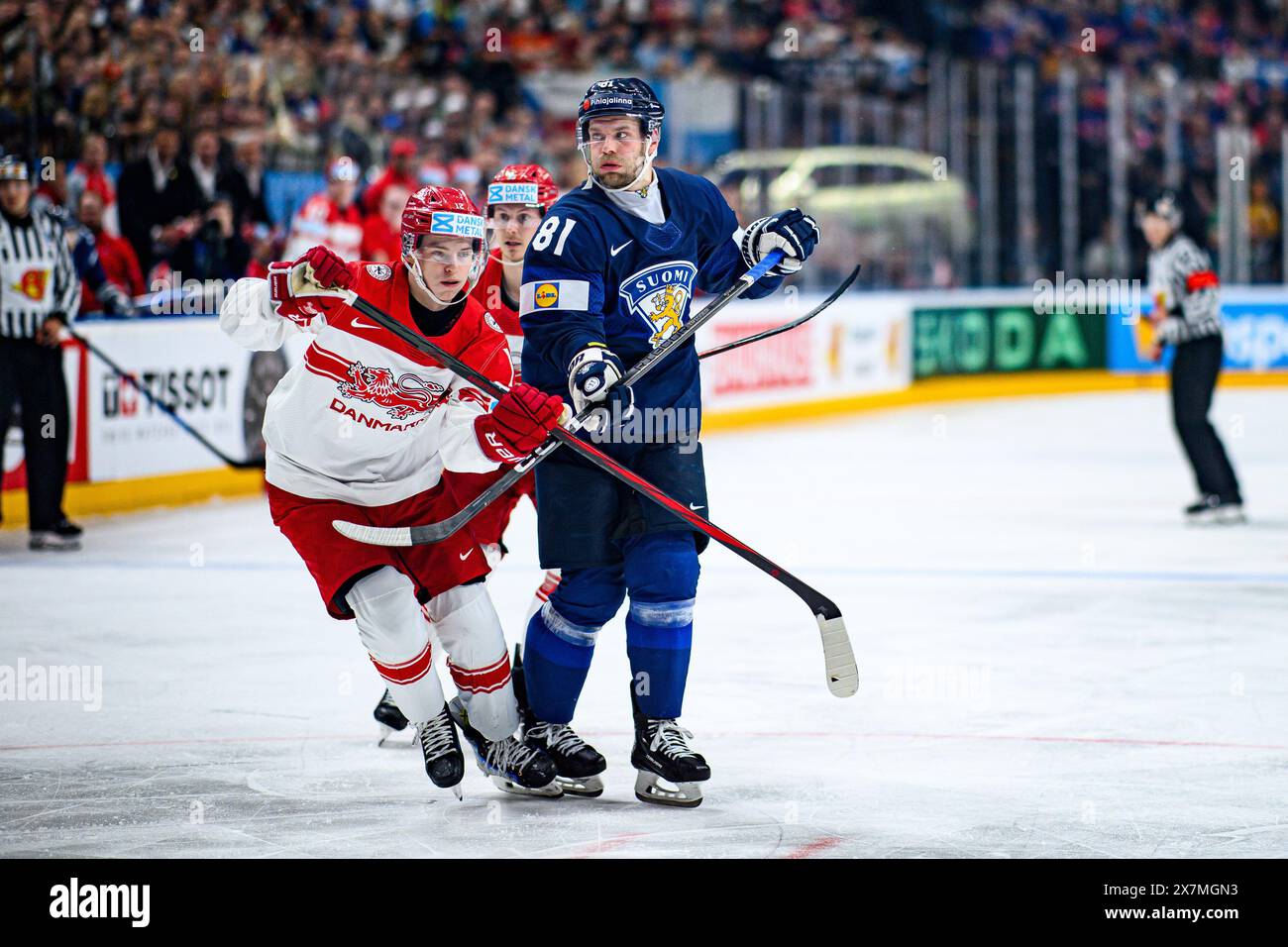 PRAGUE, RÉPUBLIQUE TCHÈQUE - 20 MAI 2024 : le match du Championnat mondial de hockey sur glace 2024 de l'IIHF Finlande - Danemark à l'O2 Arena Banque D'Images