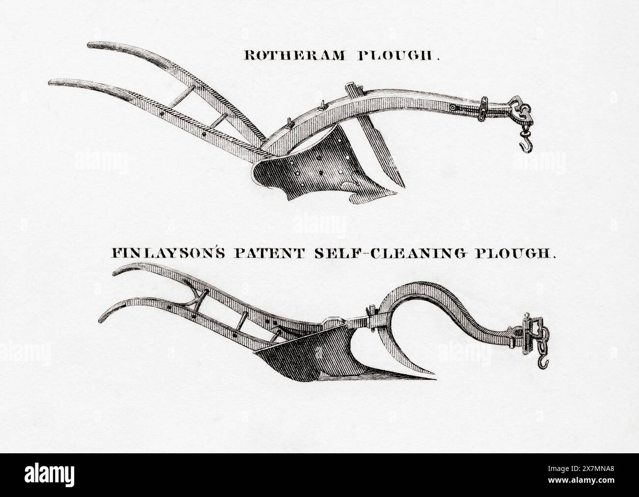 Deux types de charrues. Top, Rotheram Plough. Bas, charrue autonettoyante brevetée Finlayson. Banque D'Images